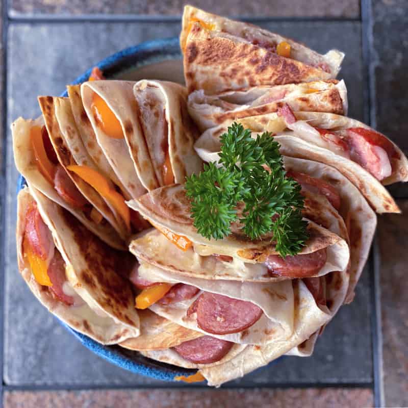 quesadillas stuffed with kielbasa and peppers