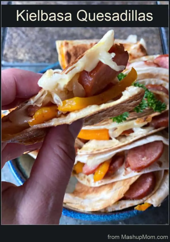 Sausage, peppers, and onions in a kielbasa quesadilla