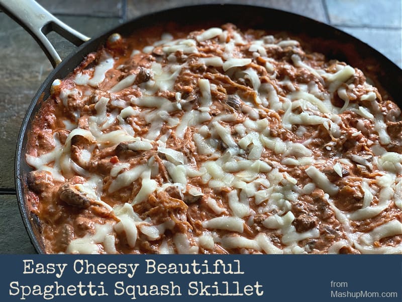 Easy Cheesy Beautiful spaghetti squash skillet is a delicious lower carb, gluten free pasta alternative.