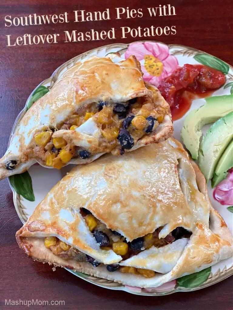 Southwest flavor in leftover mashed potatoes hand pies, with black beans & corn.
