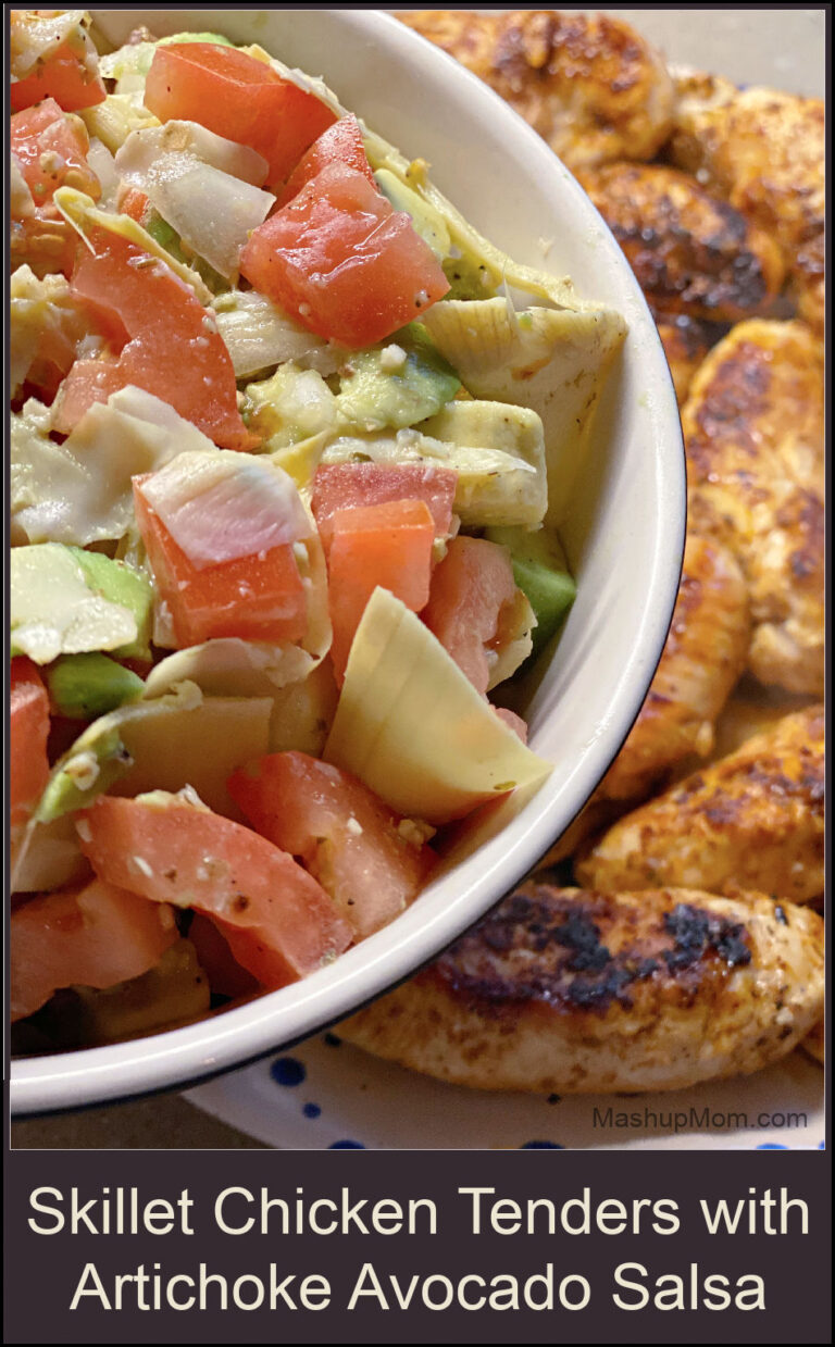 Skillet Chicken Tenders with Artichoke Avocado Salsa