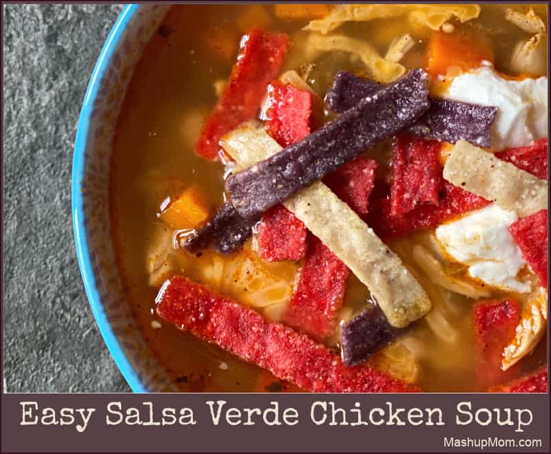 Easy Salsa Verde Chicken Soup is spicy comfort food goodness, using leftover chicken + salsa!