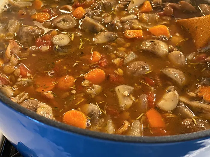 pot of lentil mushroom soup on the stove