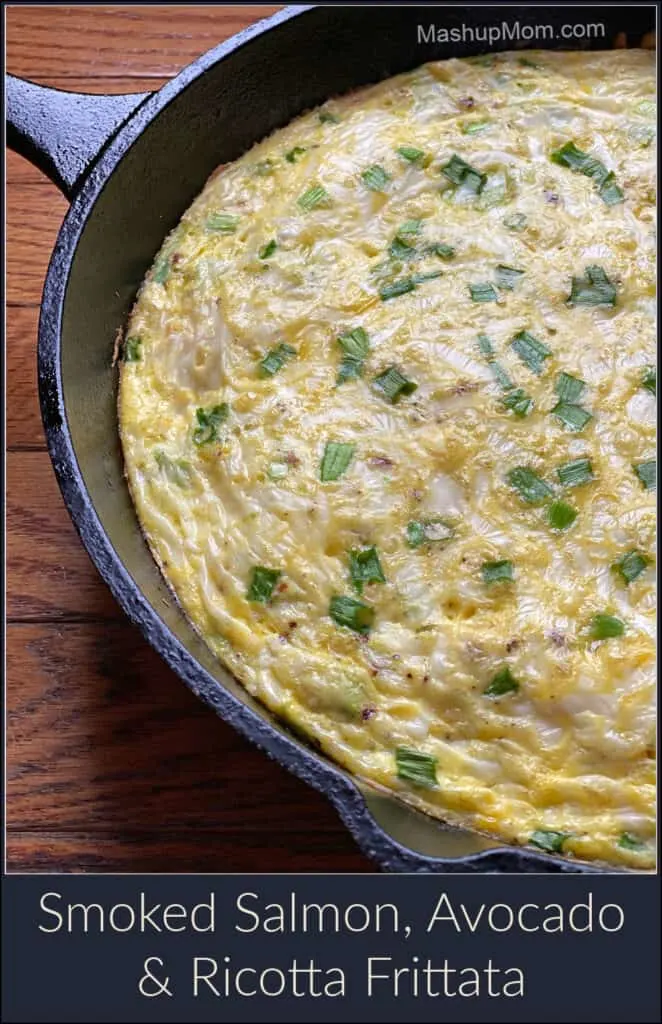 Smoked salmon, avocado, and ricotta frittata is an easy cast iron skillet dinner, breakfast, or brunch.