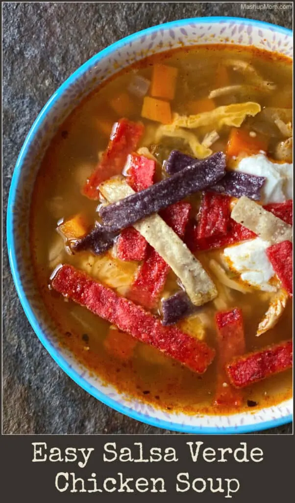 Easy Salsa Verde Chicken Soup is spicy comfort food goodness, using leftover chicken + salsa!