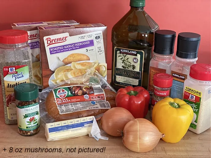 Ingredients for sausage peppers and pierogies