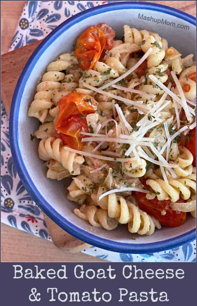 Baked Goat Cheese & Tomato Pasta features ALDI's garlic herb goat cheese & fresh grape tomatoes in a flavorful vegetarian weeknight dinner.