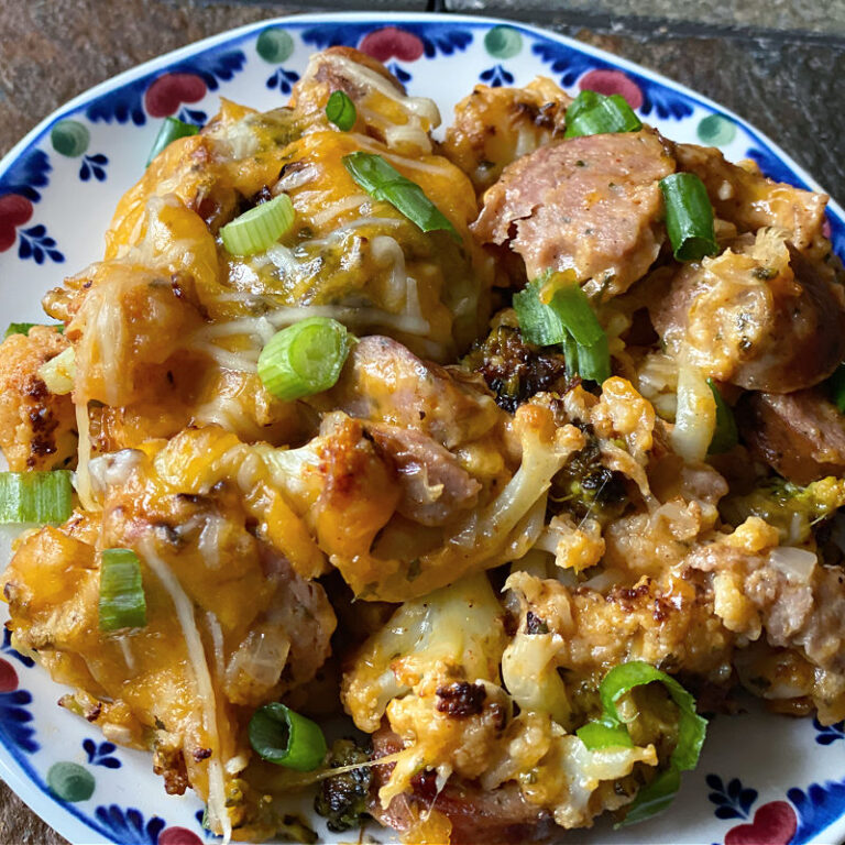 Roasted Broccoli, Cauliflower, & Chicken Sausage Casserole