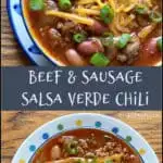 Hot breakfast sausage & salsa verde provide the perfect spicy tang, in this Beef & Sausage Salsa Verde Chili recipe.