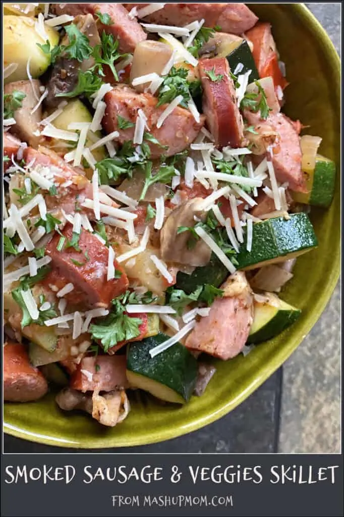 Smoked Sausage & Veggies Skillet is naturally gluten free & low carb!