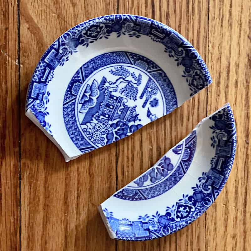 broken blue and white plate