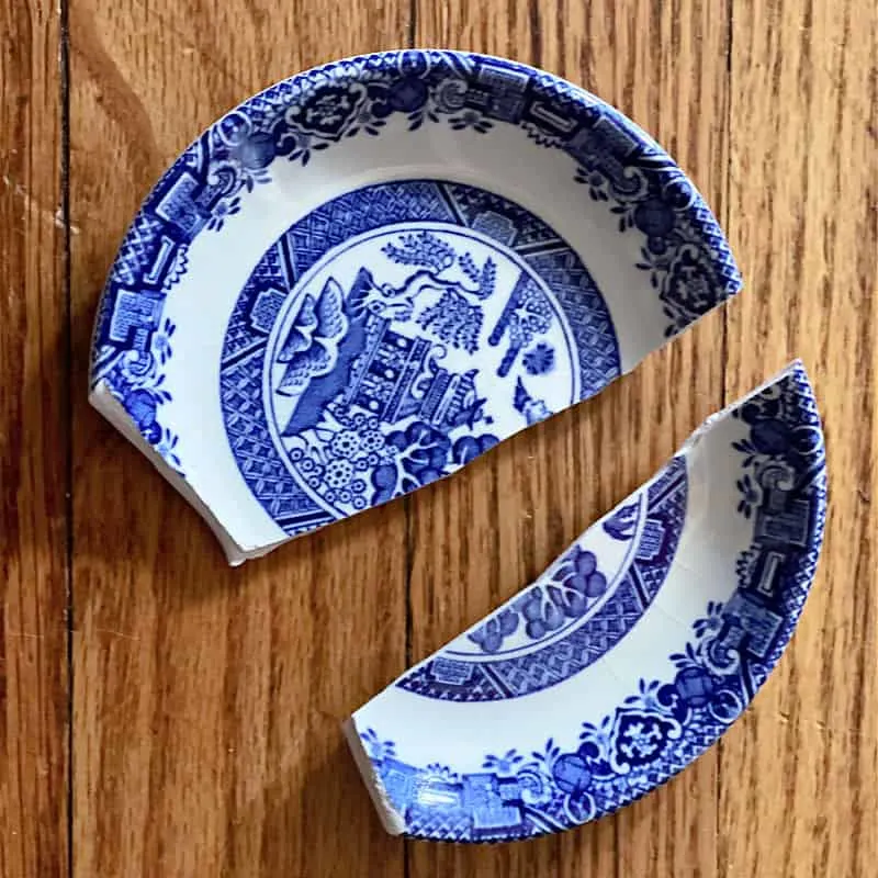 broken blue and white plate