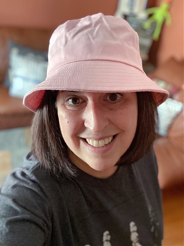 rachel in a pink bucket hat