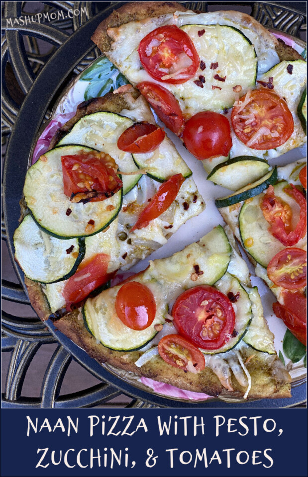 Naan Pizza with Pesto, Zucchini, & Tomatoes