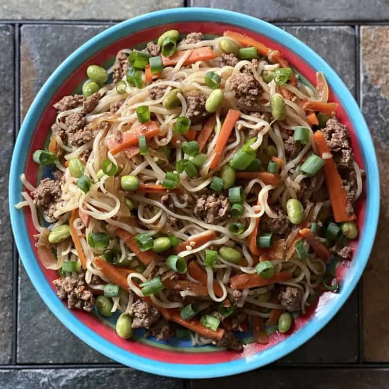 plate of ramen stir fry with ground beef
