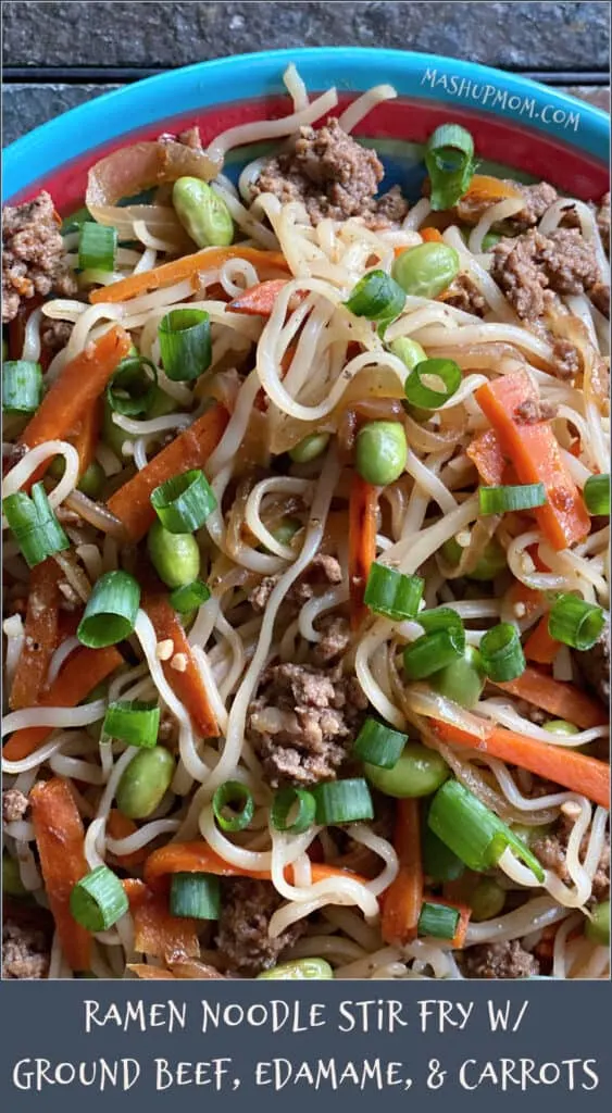 Ramen noodle stir fry with ground beef, edamame, and carrots