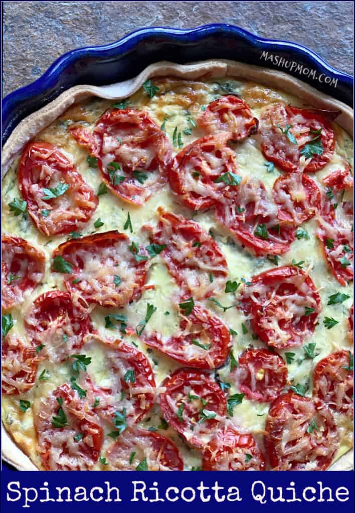 Spinach ricotta quiche is hearty, satisfying, and jam-packed with fresh spinach & tomatoes!