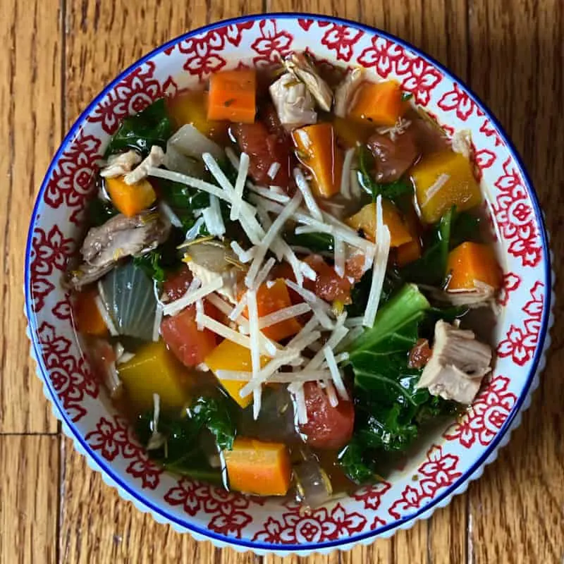 leftover chicken soup with butternut squash and kale