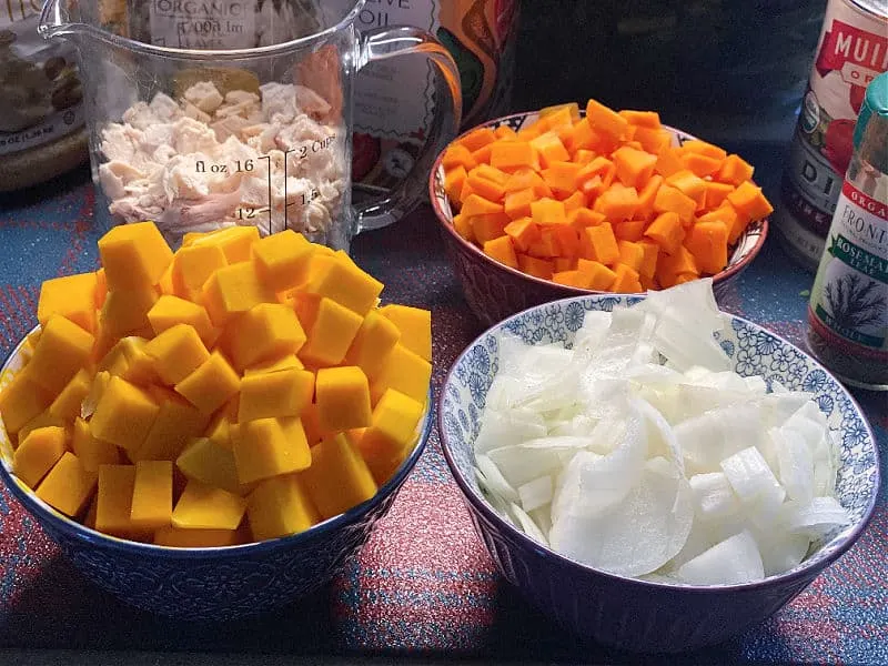 chopped veggies and chicken for soup