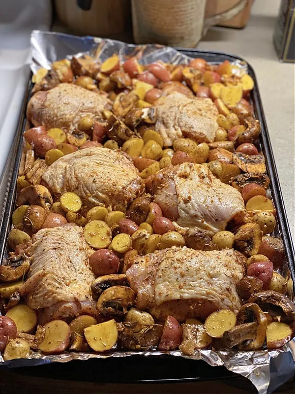 sheet pan of chicken and potatoes