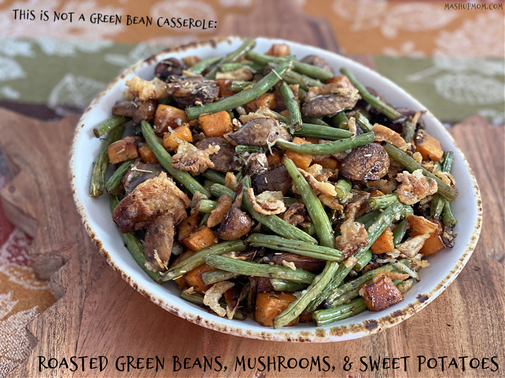 bowl of green beans mushrooms and sweet potatoes
