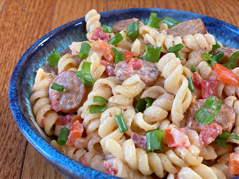 bowl of pasta with andouille sausage