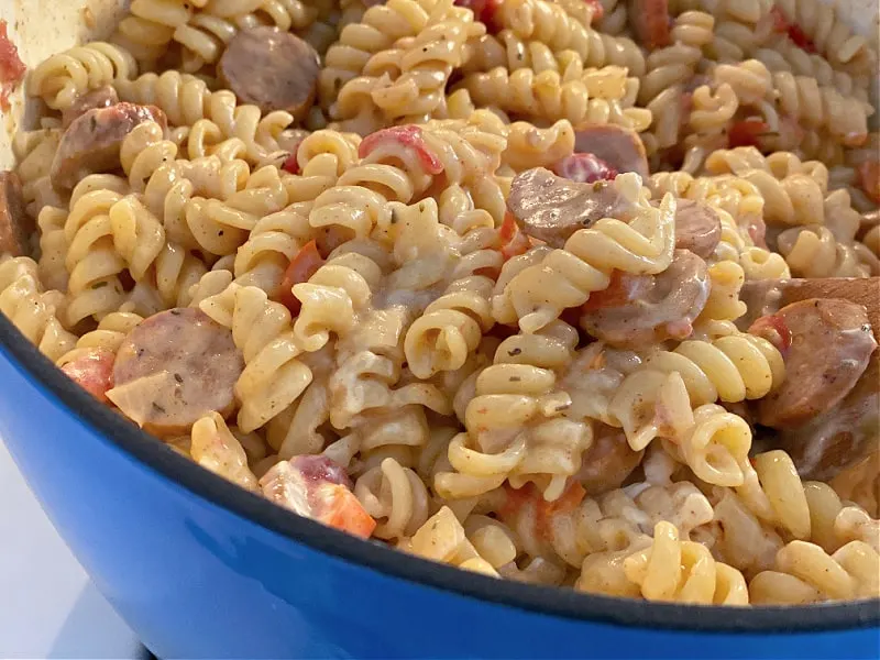 pot of cheesy andouille pasta