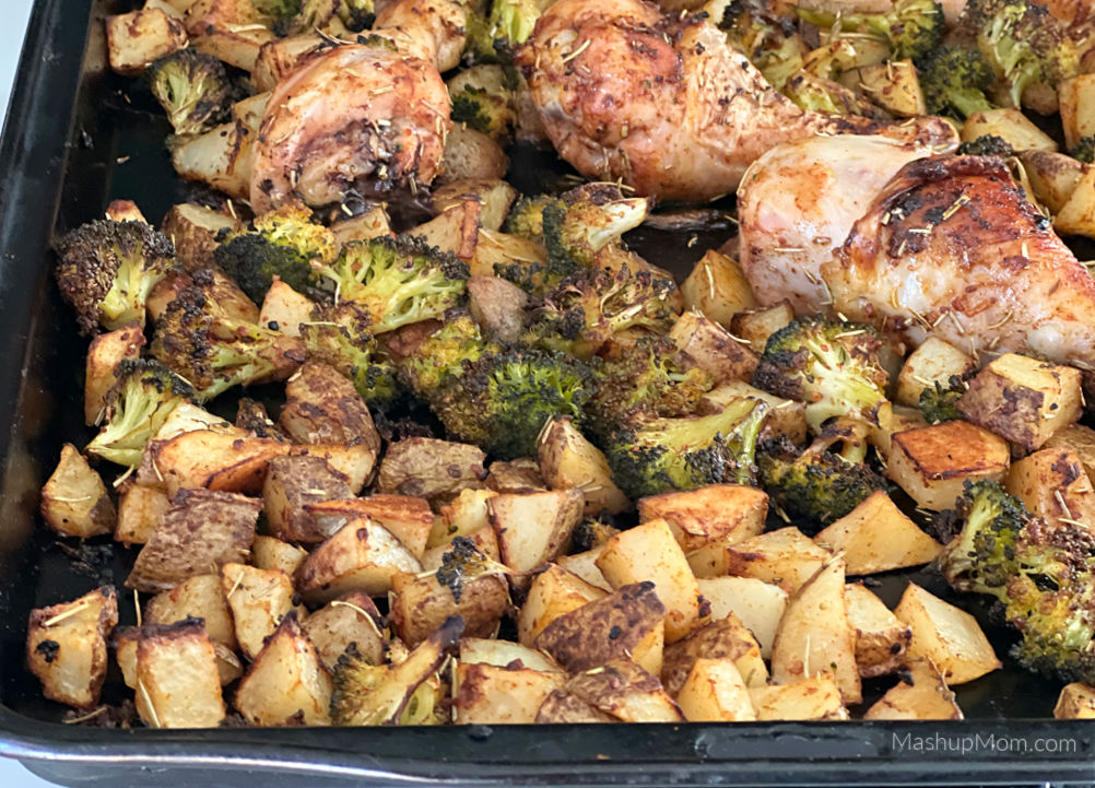 sheet pan with chicken broccoli and potatoes