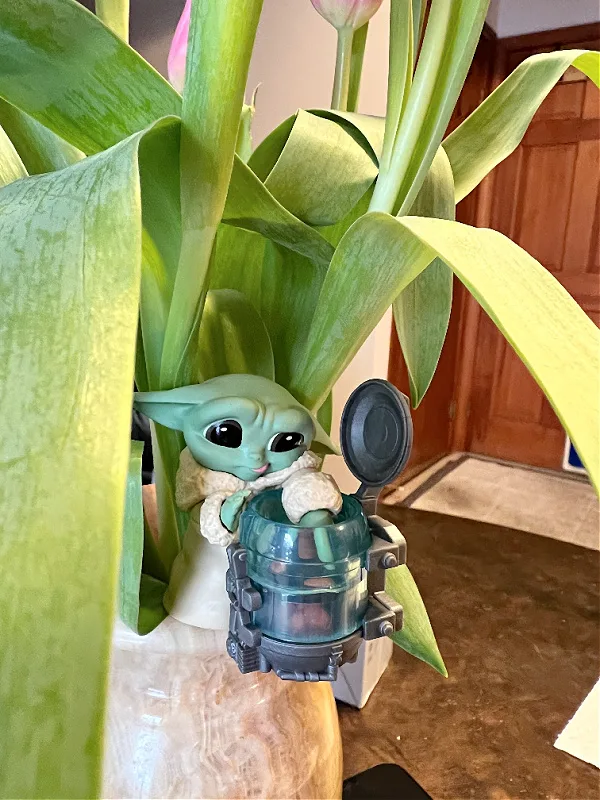 tulip bouquet with a baby yoda in it