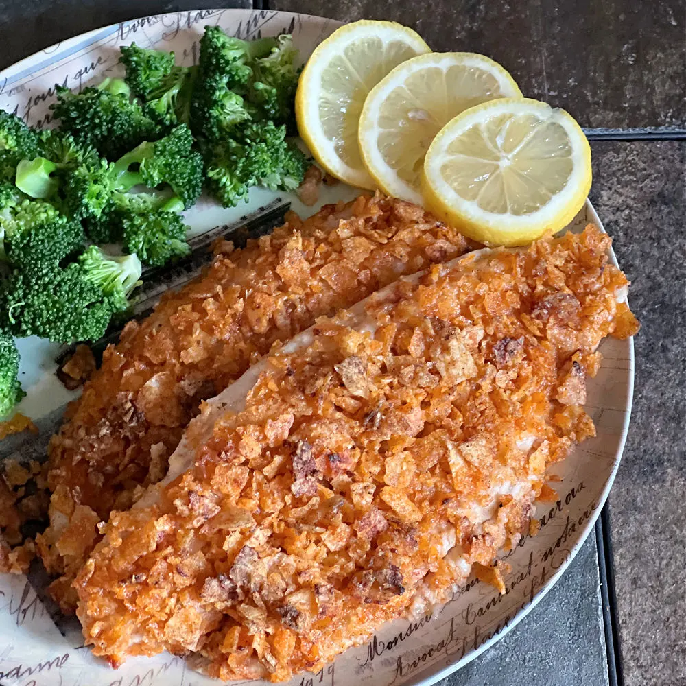 bbq potato chip breaded fish on a plate