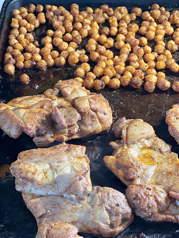 chicken and chickpeas on pan