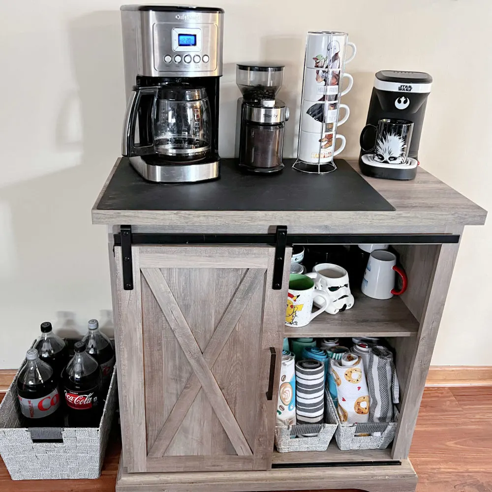 coffee bar cabinet and baskets