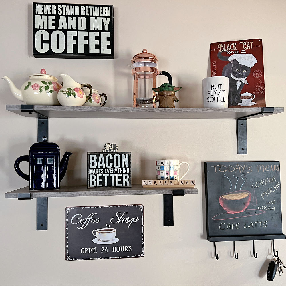 coffee bar shelves and signs