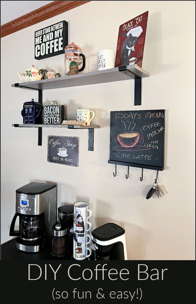 DIY coffee bar -- showing the signs and shelves
