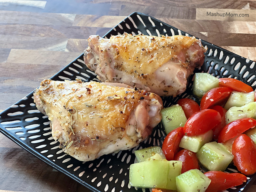 lemon garlic chicken thighs and tomato cucumber salad