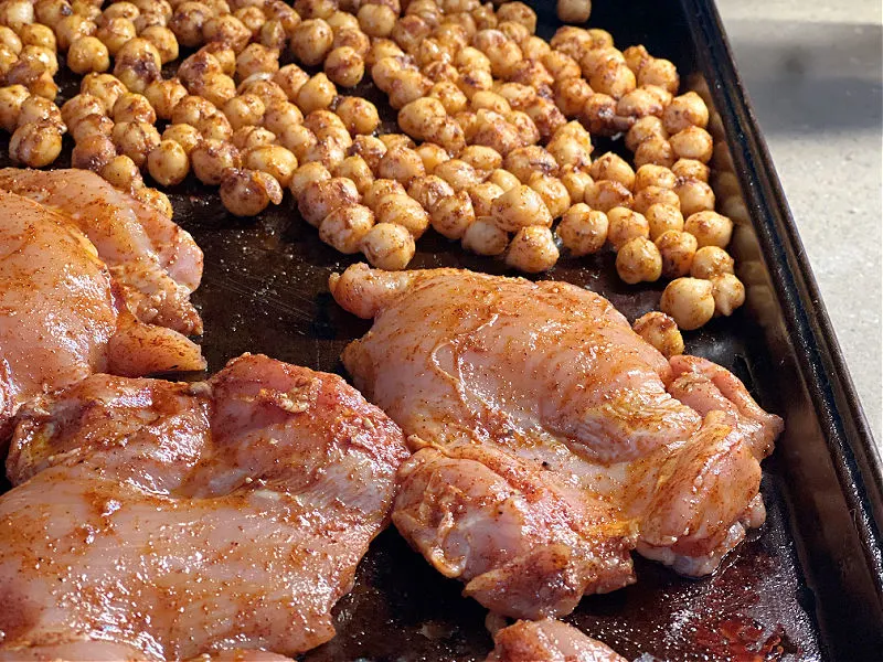 chicken and chickpeas ready to go into the oven