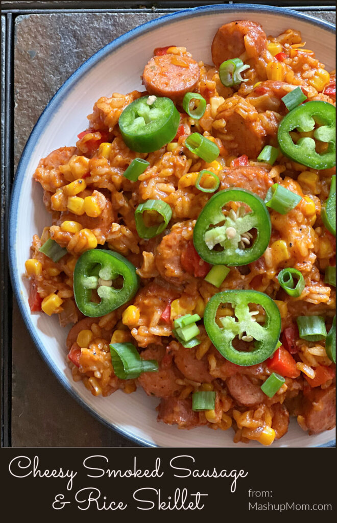 Plate of salsa rice with cheese and smoked sausage