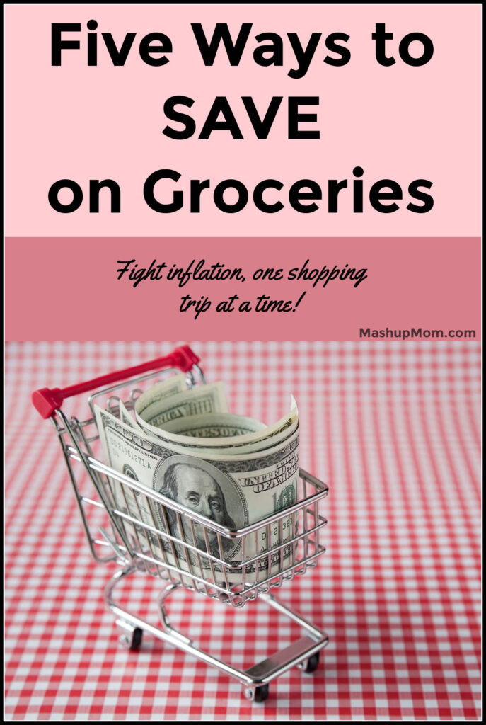 Five ways to save on groceries, picturing a shopping cart filled with money