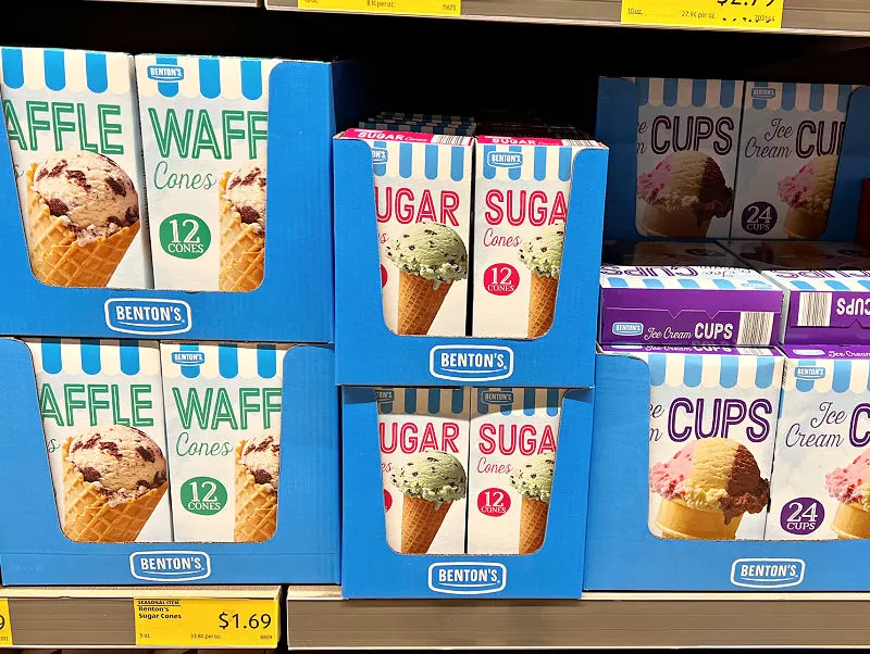 sugar cones, waffle cones, and cake cones on the shelf