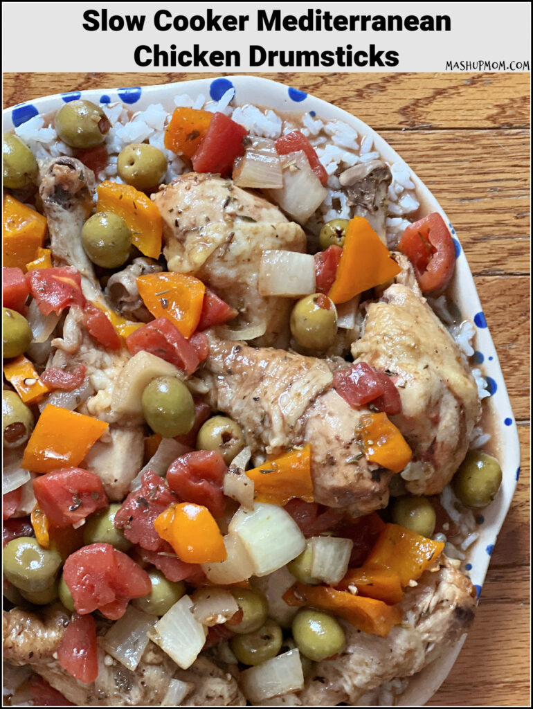 plate of finished chicken with mediterranean drumsticks title on top