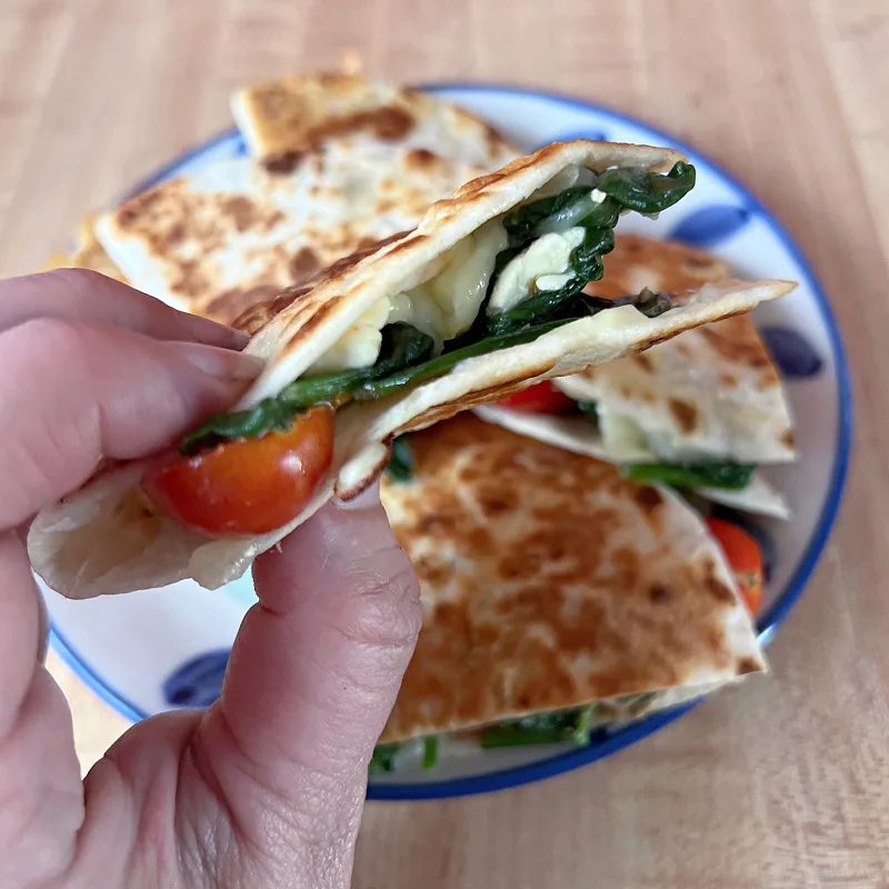 eating a spinach & tomato quesadilla