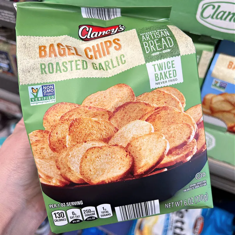 a bag of roasted garlic bagel chips