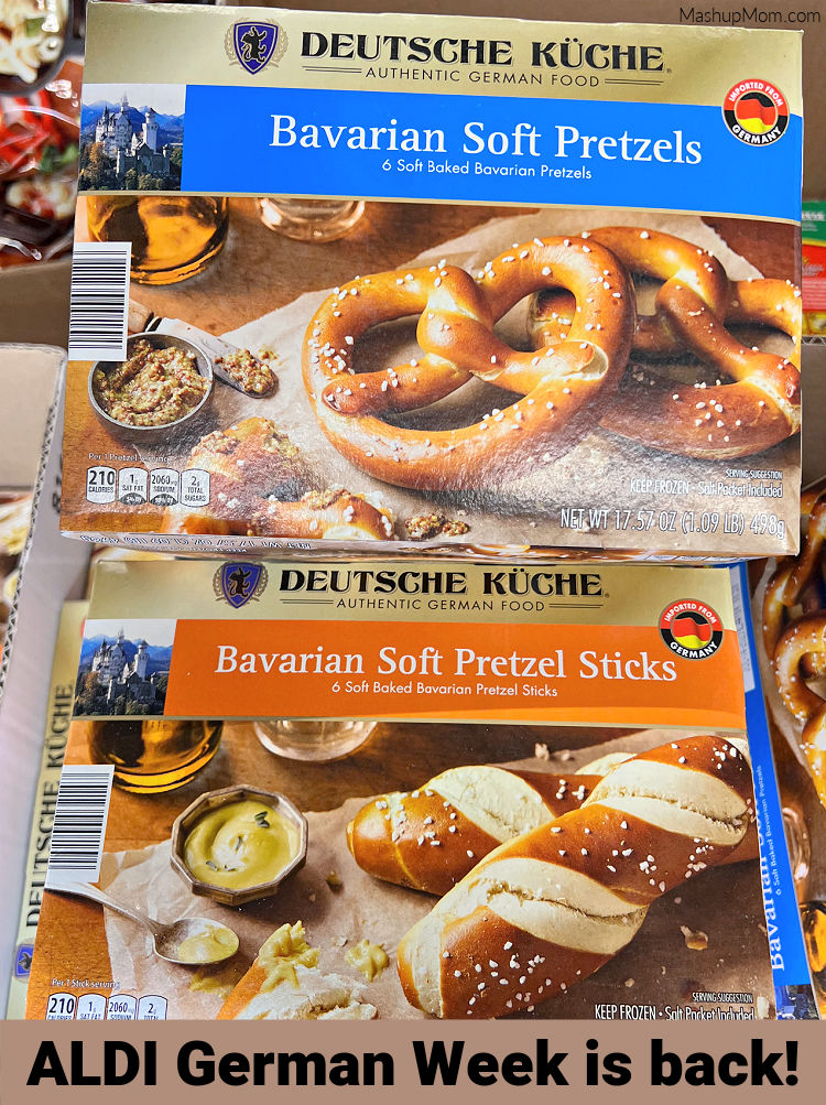 ALDI German week is back! Shows Bavarian soft pretzels.