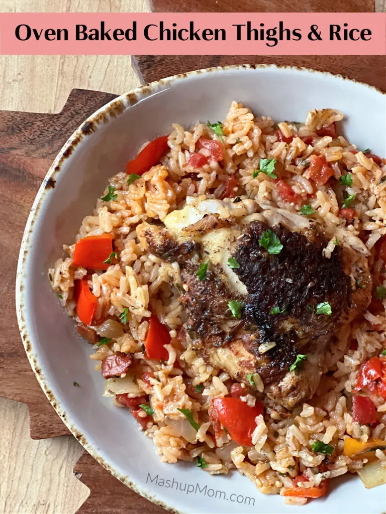 oven baked chicken thighs & rice with sweet peppers and tomatoes