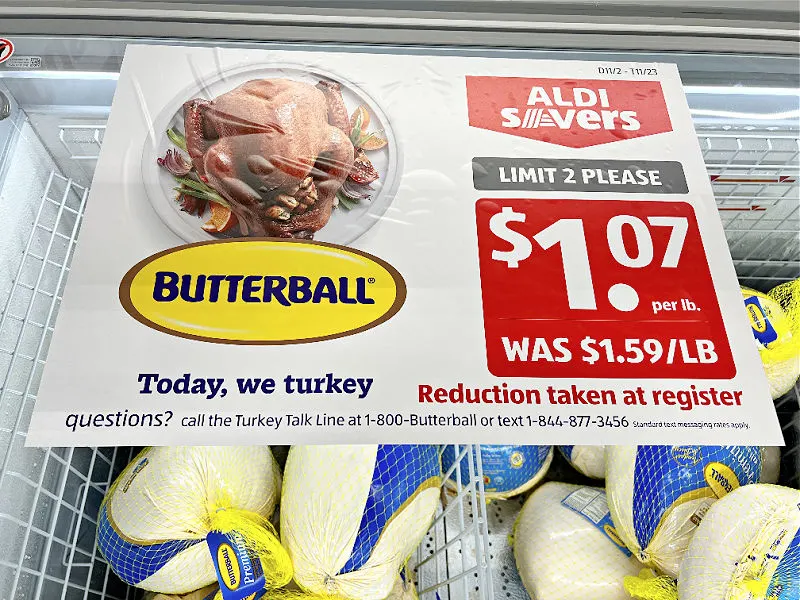 sign saying butterball turkey $1.07 a pound