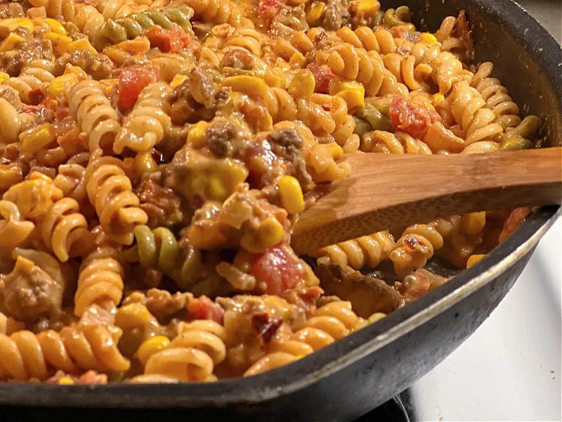 cheesy taco pasta in the pan