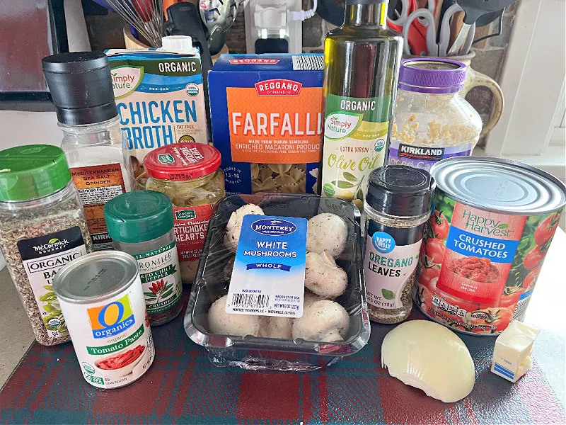 artichoke and mushroom pasta ingredients