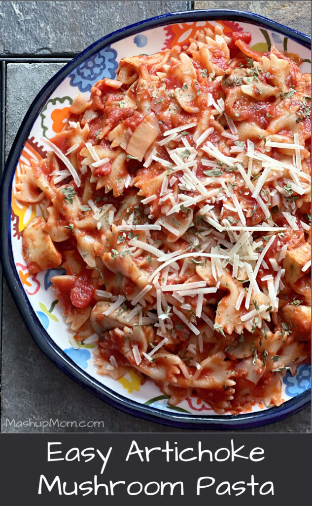 easy artichoke and mushroom pasta served on a plate