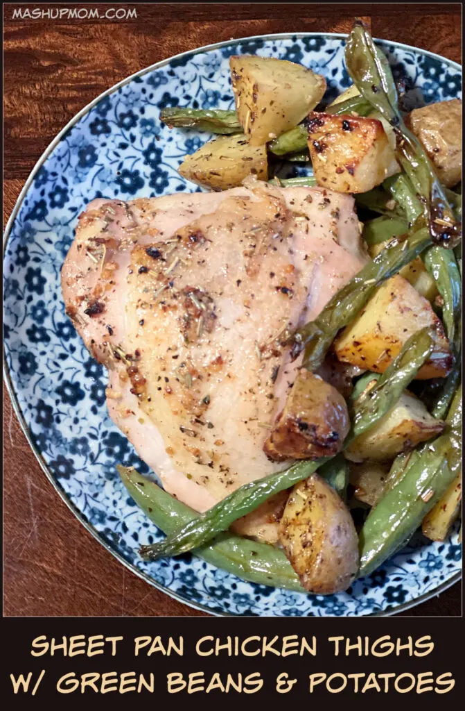 a serving of chicken, green beans, and potatoes