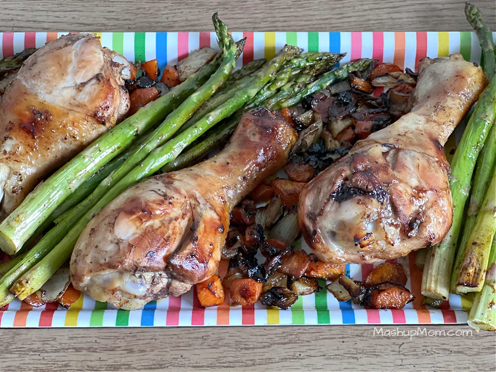 balsamic drumsticks with asparagus and carrots